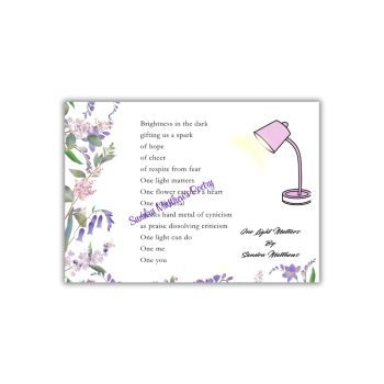One Light Matters Postcard with original poetry from Sandra Matthews. A poem to encourage in these dark times.