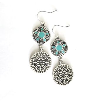 Introducing Eve… antique silver earrings with blue enamelling, suspended from silver plated, nickel free ear wires.. suitable for sensitive ears….. Light and comfortable to wear…The drop on these lovely earrings is approx. 5.08cm/2ins. Elevate your style with these bespoke beauties! They arrive in a pretty organza bag, and have free shipping!