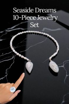 Ocean-inspired jewelry set of 10 handmade pieces — necklaces, bracelet, ring, hair clips & more. Resin, pearls & shells inside each piece.