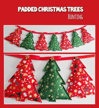 Beautiful Christmas Bunting made from seven hand cut Christmas trees with decorative wooden buttons.
Each tree is softly padded and measures approximately 19 x 15cm.