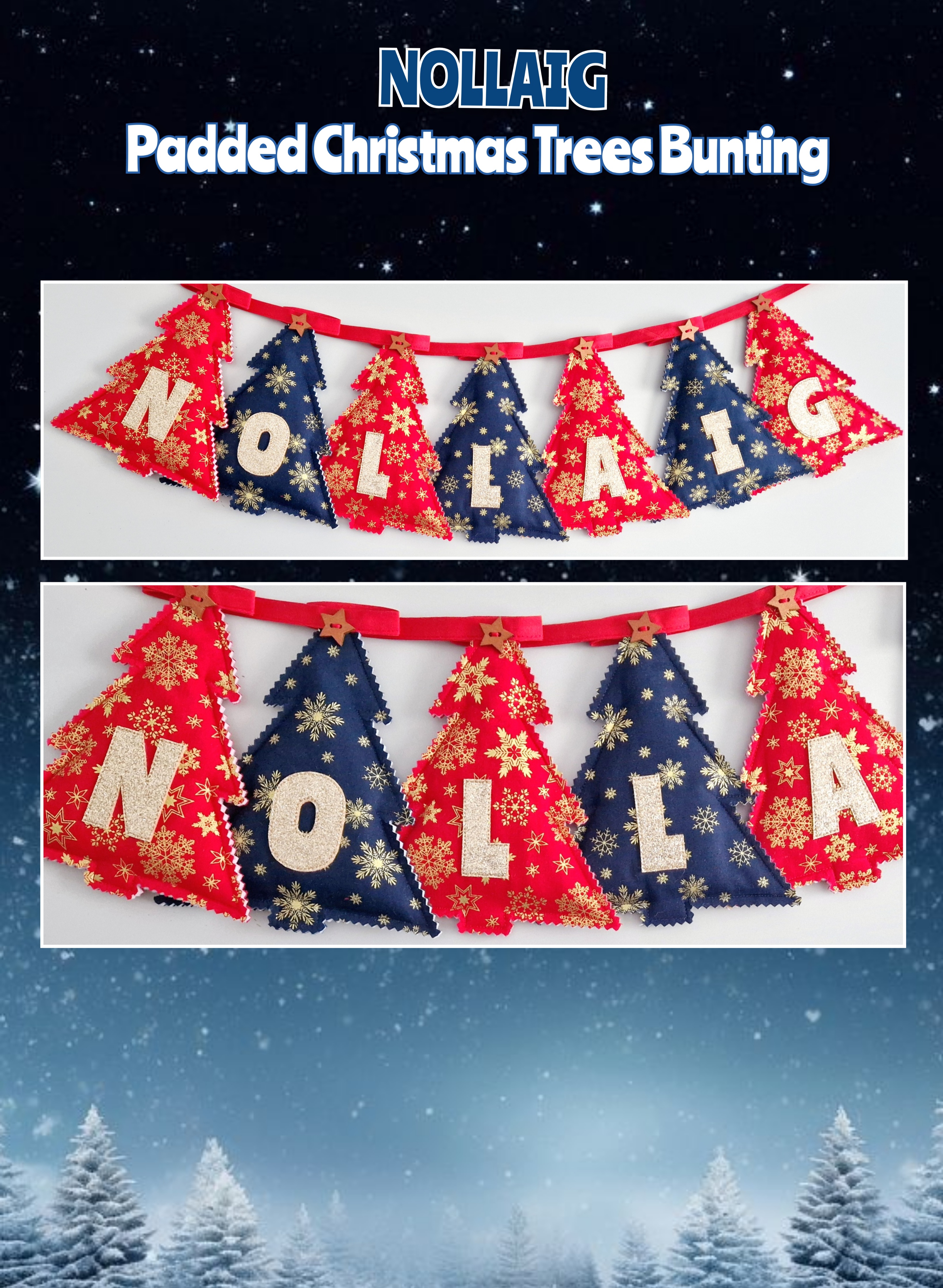 Beautiful Christmas Bunting made from seven hand cut Christmas trees with decorative wooden buttons.
Each tree is softly padded and measures approximately 19 x 15cm.