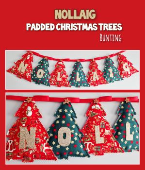 Beautiful Christmas Bunting made from seven hand cut Christmas trees with decorative wooden buttons.
Each tree is softly padded and measures approximately 19 x 15cm.