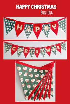 Happy Christmas Bunting.
Two strings. Each flag measures approximately 20 x 20cm. 