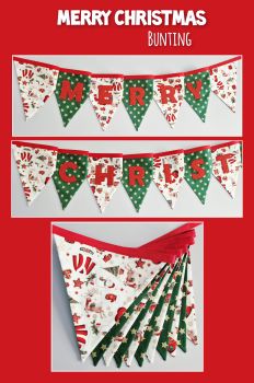 Merry Christmas Bunting.
Two strings. Each flag measures approximately 20 x 20cm. 
