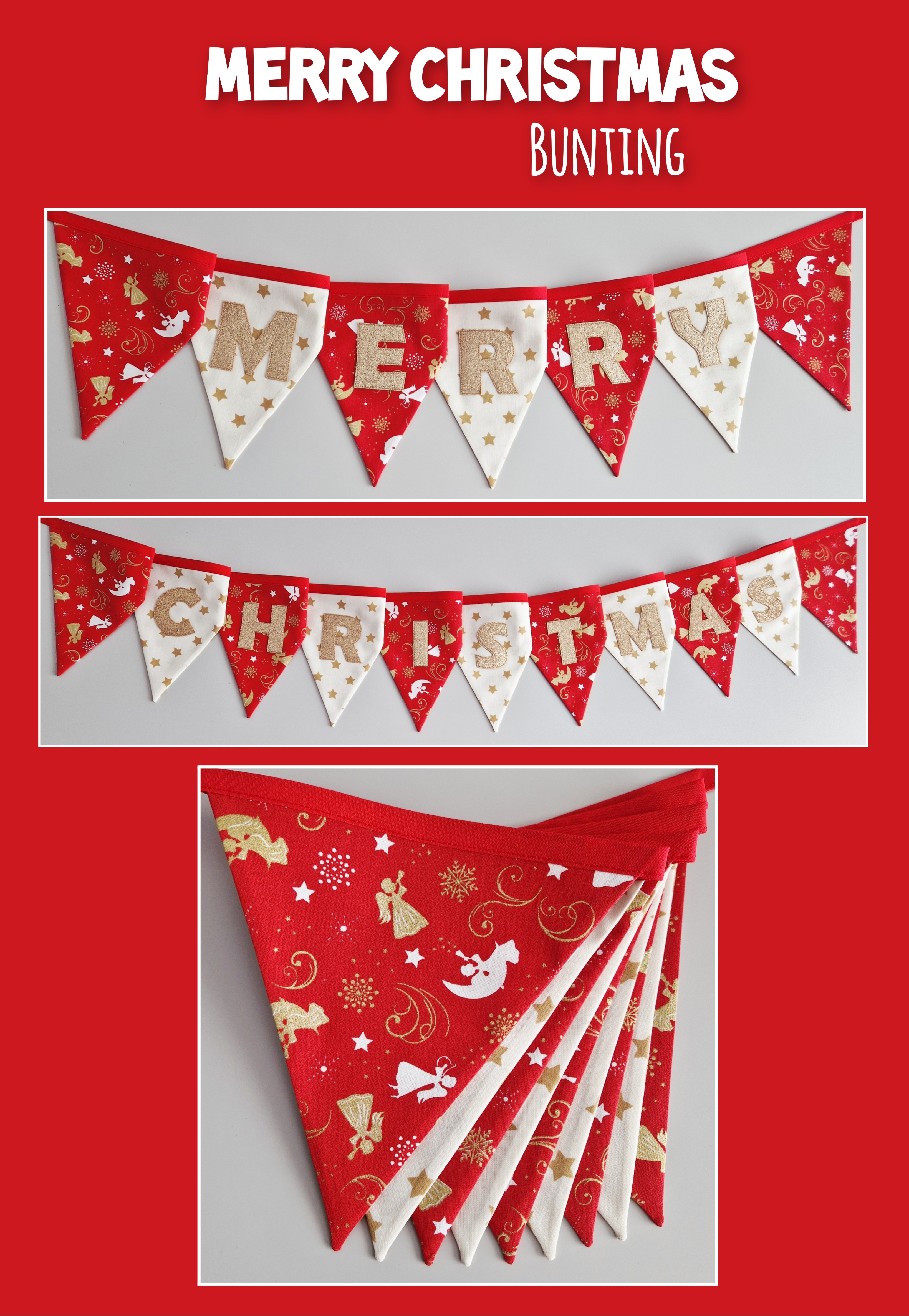 Beautiful Merry Christmas Bunting.
Two strings. Each flag measures approximately 20 x 20cm. 