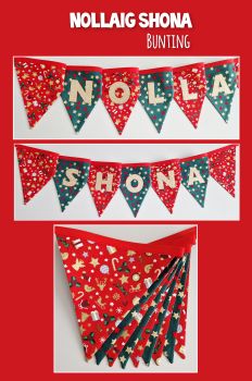 Beautiful Nollaig Shona Bunting.
Two strings. Each flag measures approximately 20 x 20cm. 