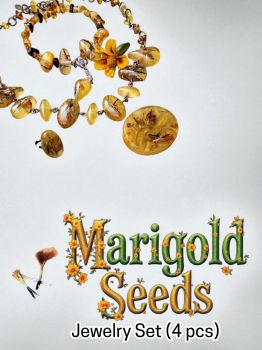 A unique handmade jewelry set with real marigold seeds and amber, beautifully preserved in resin.