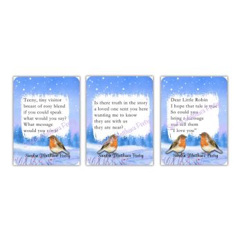 3 Robin Magnets (each one different)&nbsp;
Magnets with original poetry from Sandra Matthews.&nbsp; 3" x 2.25".
Sandra's Dear Little Robin Poem over three complimenting magnets.&nbsp; A lovely trio.