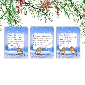 3 Robin Magnets (each one different)&nbsp;
Magnets with original poetry from Sandra Matthews.&nbsp; 3" x 2.25".
Sandra's Dear Little Robin Poem over three complimenting magnets.&nbsp; A lovely trio.