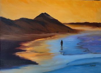 Original Sunset Beach Oil Painting on Canvas: Coastal Seascape Art (16x12)