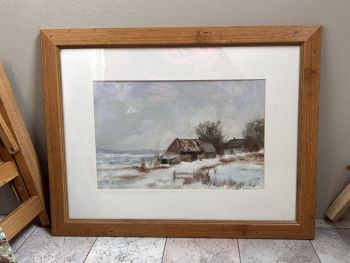 Winter Farmhouse Oil Painting: Snowy Landscape Art (12"x10" Canvas board unframed )| Framed