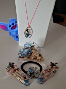 Whimsical handmade jewelry and hair set for girls featuring dried flowers and a Stitch figure – perfect for gifting!