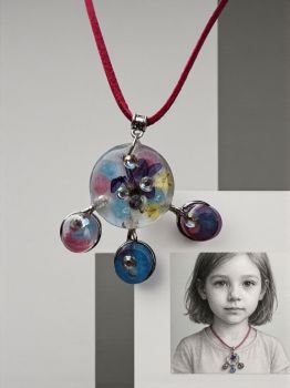 A handmade pendant and bracelet set with real flowers and rhinestones — perfect for little princesses!