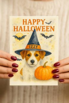 Very unique to you, personalised Halloween cards, have your pet as the Witch with their name on their witches hat or being kissed by the little witch with their name on their collar. Too cute!