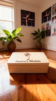 Personalised Gymnastics Medal box, with option to put club crests on box.&nbsp; Choose hair colour, skin tone and kit colour. Box is finished with a non toxic wax.
The dimensions of the box are 29cm x 18cm x 13cm a very generous size to store all your well earned medals.
The ideal gift for any gymnastic fanatics with a medal haul and nowhere to store them. Leave them speechless with this personalised medal box, something they will have to cherish their medals . This personalised gymnastics medal box is the perfect gift for a birthday, mothers day, fathers day, communion, confirmation or Christmas present. A truly unique gift.