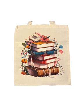 A natural canvas tote bag with a charming stack of books and floral design. Eco-friendly, reusable, and perfect for book lovers to carry their reads in style.
&nbsp;
&nbsp;
