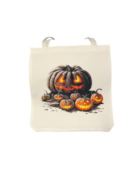 A natural-colored tote bag with a Halloween design of grey and orange pumpkins with jack-o&rsquo;-lantern faces. Eco-friendly, reusable, and perfect for spooky season outings
&nbsp;