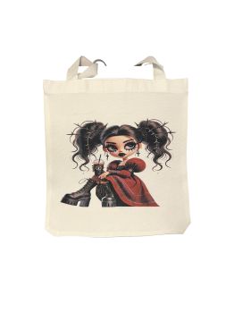 A natural tote bag featuring a striking Gothic Girl design with black hair, cross earrings, dark wine dress, boots, and an iced coffee. Stylish, reusable, and perfect for alternative fashion lovers.
&nbsp;