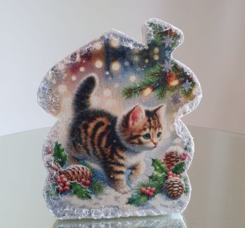 Wooden Ornament, hand pained and hand decorated with decoupage on both sides
Two different designs - one side kitten, one side hedgehog
3D Snow Effect
€15