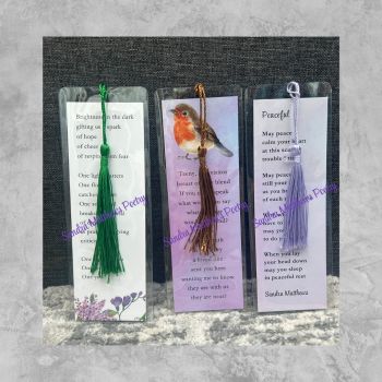 Trio of Robin, Peaceful, One Light Bookmarks with tassles, from Irish poet Sandra Matthews&nbsp;
Small bookmarks, words that touch.
&nbsp;