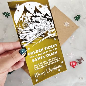 Step into the magic of Christmas with this&nbsp;Golden Ticket for the Santa Train. Featuring a luxury gold foil finish and a festive train illustration, this keepsake card makes the perfect holiday surprise.
Each ticket is crafted on premium 300gsm cardstock, paired with an eco-friendly kraft envelope, and comes ready to gift. With a non-personalised design, it&rsquo;s available straight away &ndash; no waiting, just festive joy. Handmade in Ireland, this ticket is an unforgettable Christmas keepsake for both children and adults.
&nbsp;
✔ Premium 300gsm cardstock with shimmering gold foil✔ Includes eco-friendly kraft envelope✔ Non-personalised design &ndash; ready to gift✔ Blank inside for your message✔ Handmade in County Cork, Ireland