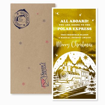 Polar Express Golden Foil Ticket &ndash; Luxury Christmas Keepsake Gift
All aboard! Make this Christmas unforgettable with our Polar Express Golden Foil Ticket &ndash; a magical keepsake that captures the wonder of the season. Printed on premium 300gsm cardstock and finished with shimmering gold foil, this non-personalised ticket is ready to gift straight away. A perfect surprise for children, friends, or loved ones, it adds sparkle and joy to any Christmas celebration.
Each ticket comes with an eco-friendly kraft envelope, making it stylish, sustainable, and gift-ready. Handmade with care in Ireland 🇮🇪, this festive ticket isn&rsquo;t just a fun present &ndash; it&rsquo;s a keepsake to treasure for years to come.
✔ Luxury gold foil finish for a festive touch✔ Premium 300gsm cardstock for durability✔ Eco-friendly kraft envelope included✔ Non-personalised, ready-to-gift design✔ Handmade in Ireland &ndash; crafted in our small studio
&nbsp;
Whether tucked into a stocking, used as part of a magical Polar Express adventure, or kept in a memory box, this Polar Express Ticket is a timeless way to spread Christmas cheer.