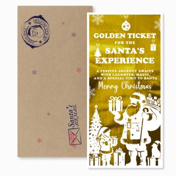 Santa&rsquo;s Experience Foil Ticket &ndash; Festive Golden Keepsake
Make Christmas unforgettable with our Golden Ticket for the Santa&rsquo;s Experience &ndash; a festive keepsake that shines with shimmering foil and holiday magic. Printed on premium 300gsm cardstock with a dazzling metallic gold finish, this ready-to-gift ticket captures the excitement of Christmas while doubling as a timeless memento.
Each ticket includes an eco-friendly kraft envelope, making it both stylish and sustainable. Handmade in Ireland 🇮🇪, this non-personalised card is perfect for gifting instantly, whether for children, friends, or loved ones.
✔ Luxury golden foil finish for festive sparkle✔ Premium 300gsm cardstock for durability✔ Eco-friendly kraft envelope included✔ Non-personalised, ready-to-gift design✔ Handmade in Ireland &ndash; crafted in a small studio
&nbsp;
A keepsake to treasure, this Santa&rsquo;s Experience Ticket is perfect for memory boxes, scrapbooks, or as a magical holiday surprise.