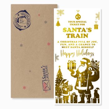 Santa&rsquo;s Experience Foil Ticket &ndash; Festive Golden Keepsake
Make Christmas unforgettable with our Santa&rsquo;s Train Festive Foil Ticket &ndash; a golden keepsake designed to capture the magic of the holiday season. Printed on 300gsm premium cardstock with a shimmering gold foil finish, this non-personalised ticket is ready to gift instantly. Whether tucked into a stocking or given as a festive surprise, it adds sparkle to every Christmas celebration.
✔ Luxury gold foil finish for a festive touch✔ Premium 300gsm cardstock for durability✔ Eco-friendly kraft envelope included✔ Non-personalised, ready-to-gift design✔ Handmade in Ireland &ndash; small studio crafted
&nbsp;
Available in both A5 and A6 sizes, this Santa&rsquo;s Train Ticket is a unique memento to treasure for years. Surprise kids, friends, or loved ones with a magical holiday keepsake.