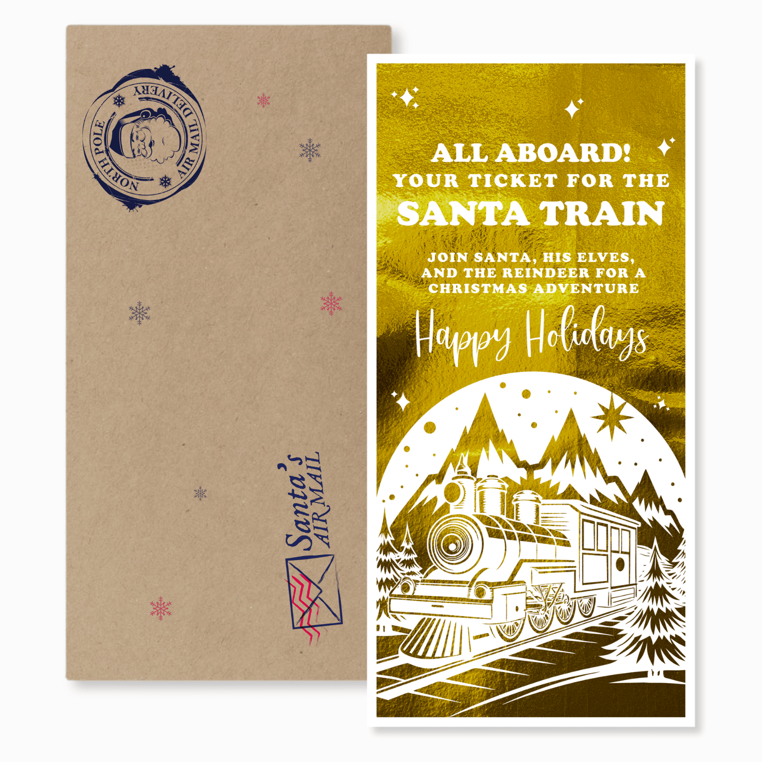 Santa Train Golden Foil Ticket &ndash; Unique Christmas Keepsake | Printarelle
Would you be able to give me a magical Christmas surprise? The Golden Santa Train Ticket is the perfect festive keepsake. Printed on premium 300gsm cardstock and finished with shimmering gold foil, this non-personalised ticket captures the magic of the holiday season. Ready to gift, it&rsquo;s a timeless memento for children, friends, or loved ones.
Key Features &amp; Benefits:


Luxury gold foil finish for a festive sparkle


Premium 300gsm cardstock for durability


Eco-friendly kraft envelope included


Non-personalised and ready to gift


Handmade in Ireland 🇮🇪 &ndash; crafted in a small studio


&nbsp;
Slip it into a stocking, present it as a surprise, or add it to a memory box. The Santa Train Ticket makes Christmas unforgettable.