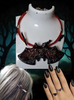 Gothic Halloween set with handmade resin bat choker, 2 rings &amp; a hair clip. Bold, spooky, and one-of-a-kind.