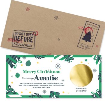 Christmas Scratch-Off Card for Auntie &ndash; Unique Gift | Printarelle
Looking for a special way to surprise your Auntie this Christmas? Our Christmas Scratch-Off Card for Auntie is a festive keepsake that combines heartfelt holiday wishes with an interactive twist. Featuring a luxurious gold scratch-off sticker to reveal your personal message, this card is more than a greeting &ndash; it&rsquo;s a magical moment to remember.
&nbsp;
Each card is printed on premium 300gsm cardstock for a sturdy, high-quality finish and paired with an eco-friendly kraft envelope. With its festive seasonal design and thoughtful surprise element, it&rsquo;s the perfect gift to spread holiday cheer.