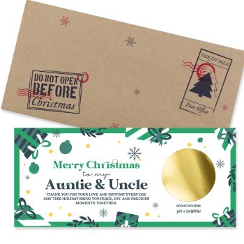 Festive Holiday Surprise Keepsake with Gold Sticker &amp; Kraft Envelope
Celebrate the season with our Christmas Scratch-Off Card for Auntie &amp; Uncle. This festive keepsake adds a touch of fun and wonder to your holiday gifting. Write your surprise inside, cover it with the gold scratch sticker, and let your loved ones reveal the message in style.

&ldquo;Merry Christmas to my Auntie &amp; Uncle &ndash; may this year be filled with joy, laughter, and precious moments.&rdquo;
