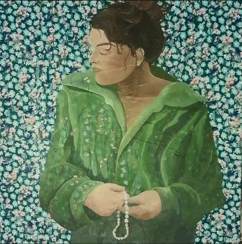 Oil and paper on canvas. 3D pearl-like beads. 60cm&times;60cm
