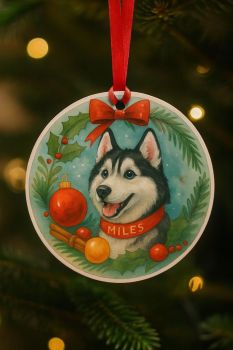 A beautiful festive bauble gift personalised for any pet or dog breed, with pets name on red collar. Printed on acrylic and finished in festive ribbon in a year stamped red velvet draw string pouch. A beautiful gift idea for the family and the animal lover. &nbsp;Free postage