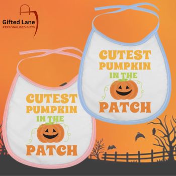Personalised Halloween Baby Bibs are a fun and unique clothing for a baby Halloween dress up or even a Baby First Halloween. They are available in white with a blue colour trim or a pink colour trim. They can come with the design as advertised adding your own pictures and details or can be personalised with your own design, picture or text on them. Another special personalised gift from Gifted Lane. Check out our store today and view our full range of personalised gifts from Gifted Lane.