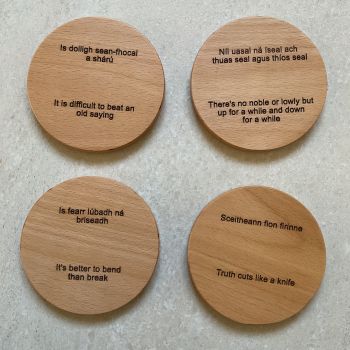 Bilingual Irish proverb coaster
