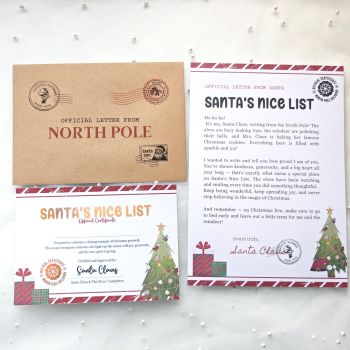 What’s Inside
✔ 1 x Letter from Santa (A4 size) – printed on 200gsm festive cardstock
✔ 1 x Nice List Certificate (A5 size) – real gold foil accent and Christmas tree design
✔ 1 x North Pole Envelope (A5 size) – kraft-style envelope with Santa’s seal and postmark
Details & Quality
Printed on premium cardstock with red-and-white candy stripe borders and festive illustrations, this set captures the magic of Christmas. Each letter celebrates kindness and good behaviour — the perfect keepsake for children who made Santa’s Nice List this year.
Handmade in Ireland
Lovingly printed and assembled in County Cork by Printarelle, this set is crafted with care to bring the joy of Christmas straight from the North Pole. Professionally packaged in a protective sleeve to ensure it arrives in perfect condition.