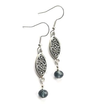 Handmade, antique silver filigree earrings, created with beautiful faceted glass beads in a deep navy, and silver plated beads and ear wires. The ear wires are nickel free and suitable for sensitive ears. These gorgeous sparkly earrings are light and easy to wear. Elevate your style with these lovely bespoke pieces. They arrive in a pretty organza bag, and have free shipping.