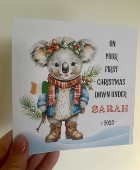 🐨 The Christmas Koala Card 🇦🇺✨
Celebrate your loved one’s first Christmas in Australia with The Christmas Koala — a heartfelt keepsake that blends Aussie charm with Irish pride. Featuring a sparkling glitter finish and an Irish flag, this card can be customised with their name and the year, making it a truly special memento for anyone spending the holidays far from home.
Whether they’re soaking up the sun instead of snow or missing family traditions back in Ireland, this card will bring warmth, love, and a smile to their Christmas day.
Available for other national flags !
Make it a Trinket Christmas! 🎄💚