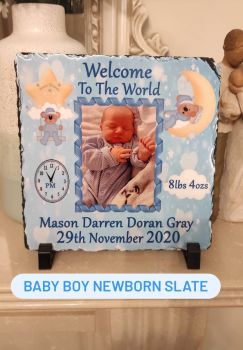 Celebrate a newborn’s arrival with a personalised 20x20cm photo slate — featuring your baby’s name, birth date, time, and weight. A beautiful keepsake and perfect gift for new parents.