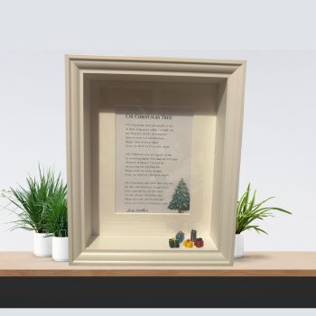 Oh Christmas Tree Framed Poetry, original poetry from Irish poet, Sandra Matthews
Christmas Gift  or  Decoration 
for Women or Men
11"x 9" x 2.25" deep
White wooden frame decorated with mini gifts boxes
Husband, Wife, Mam, Dad
