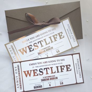Personalised Foil Ticket Features &amp; Handmade Details
Key Features

Personalised with name, concert date, section and seat details
Foil options: copper, gold, silver or rose gold for a premium shine
Printed on durable 300 gsm card for a keepsake finish
Includes luxury brown envelope tied with satin ribbon
Optional custom message inside or on the back
Handmade and shipped from Ireland 🇮🇪 within 2&ndash;5 business days

How to Personalise

Add the recipient&rsquo;s name, concert date and seat or section details.
Select your preferred foil colour and envelope option.
We craft your keepsake ticket by hand and ship directly from Ireland.
