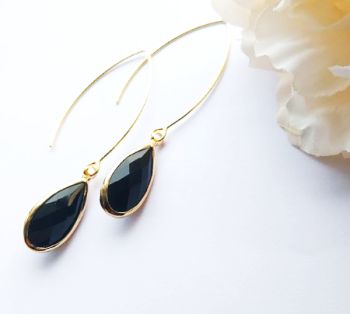 Beautiful earrings, created with gold framed, faceted glass beads in black, suspended from stainless steel ear wires in gold. The drop on these earrings is approx. 7.25cm/2.85ins. Gorgeous, sparkly and elegant.. perfect for special occasions.. Elevate your style with these beautiful earrings&hellip;. They arrive in a pretty organza bag, and have free shipping!