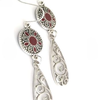 Handmade earrings, created with antique silver filigree drops and flower connectors in antique silver and wine enamelling. They are suspended from silver plated, nickel free ear wires. Lightweight and easy to wear… Elevate your style with these beautiful bespoke pieces.. They arrive in a pretty organza bag, and have free delivery.