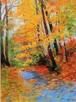 Original oil painting of a woodland scene with beautiful autumnal colours . Painted with a palette knife this highly textured piece will bring warmth and colour to your living space.
Framed in a white wood bespoke frame it measures 20" x 24"
Free shipping within Ireland

