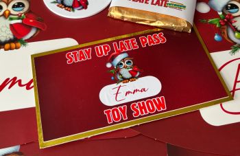 A gloss 400gsm printed card Toy Show Pass to stay up late for the Toy Show personalised with a name. 