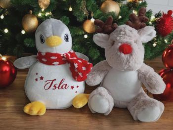 🦌 Personalised Penguin or Reindeer Teddy 26-30cm Christmas
