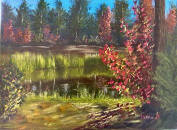 Original Autumn Forest Pond Oil Painting: Nature Wall Art (16x12)