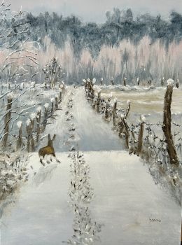 Winter Hare Oil Painting: Snowy Landscape Art on Canvas (16"x12")