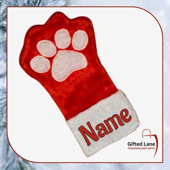 Personalised Pet Santa Stocking is a special personalised gift for a family pet or pet lover. These Pet Santa Stocking are red in colour with a paw print on the main part of the stocking and the top of the stocking can be personalised with any picture or name or text on them. Another special personalised gift from Gifted Lane.